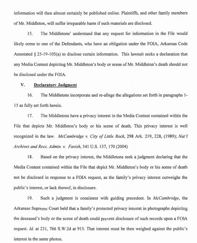 The family filed a petition for an injunction on May 23 seeking a declaration that any 'media content depicting Middleton's body' or the scene of his death should not be disclosed under the FOIA